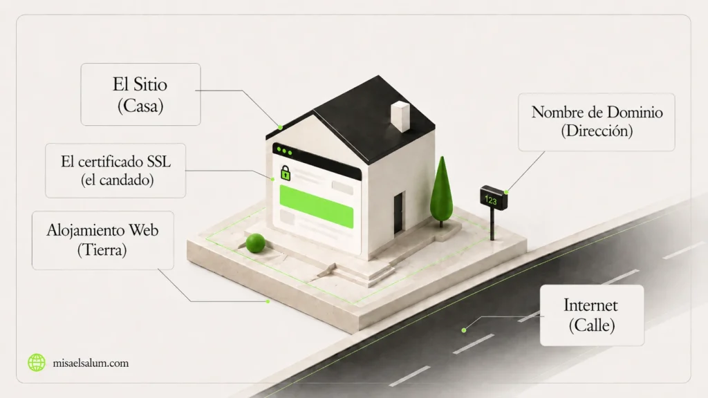 la imagen tipo ilustración (casa = sitio, terreno = hosting, buzón = dominio, candado = SSL, camino = internet)